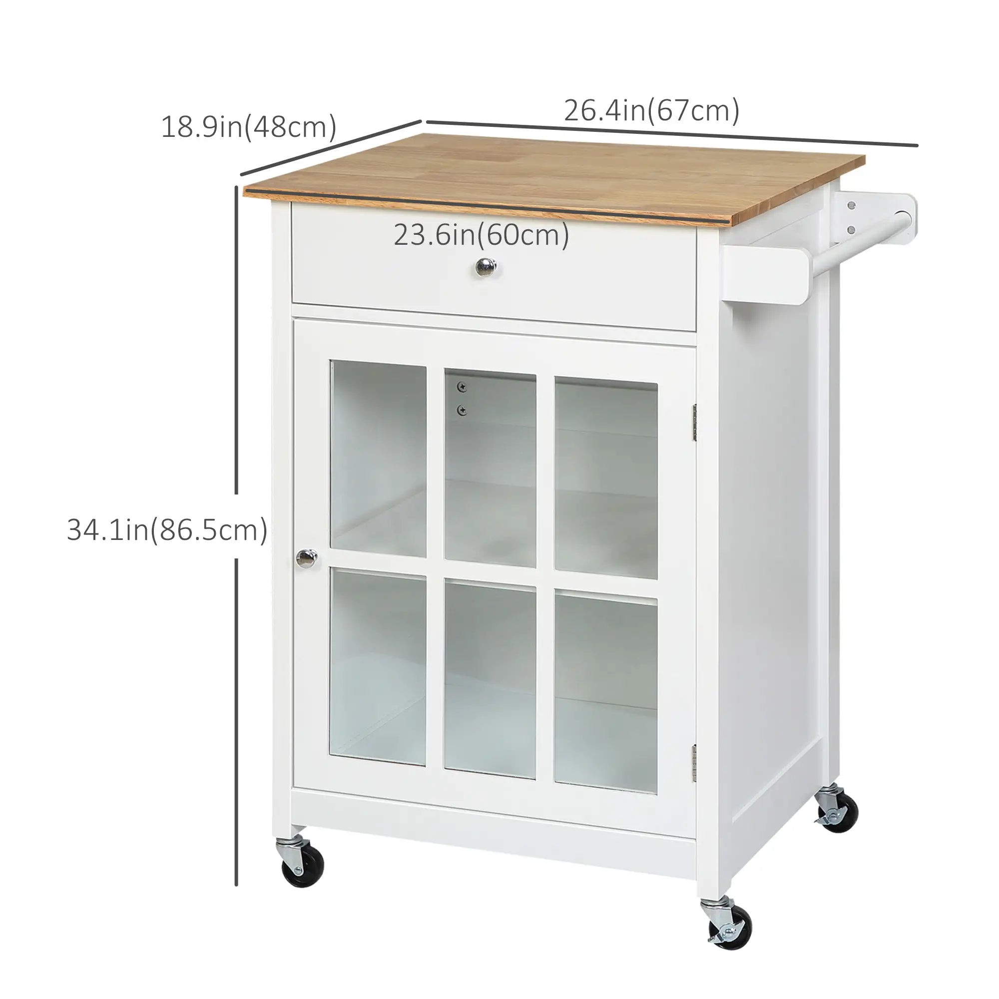 Rolling Kitchen Cart, Drawer Glass Door Cabinet, Island on Wheels, White Kitchen Islands & Kitchen Carts at Gallery Canada