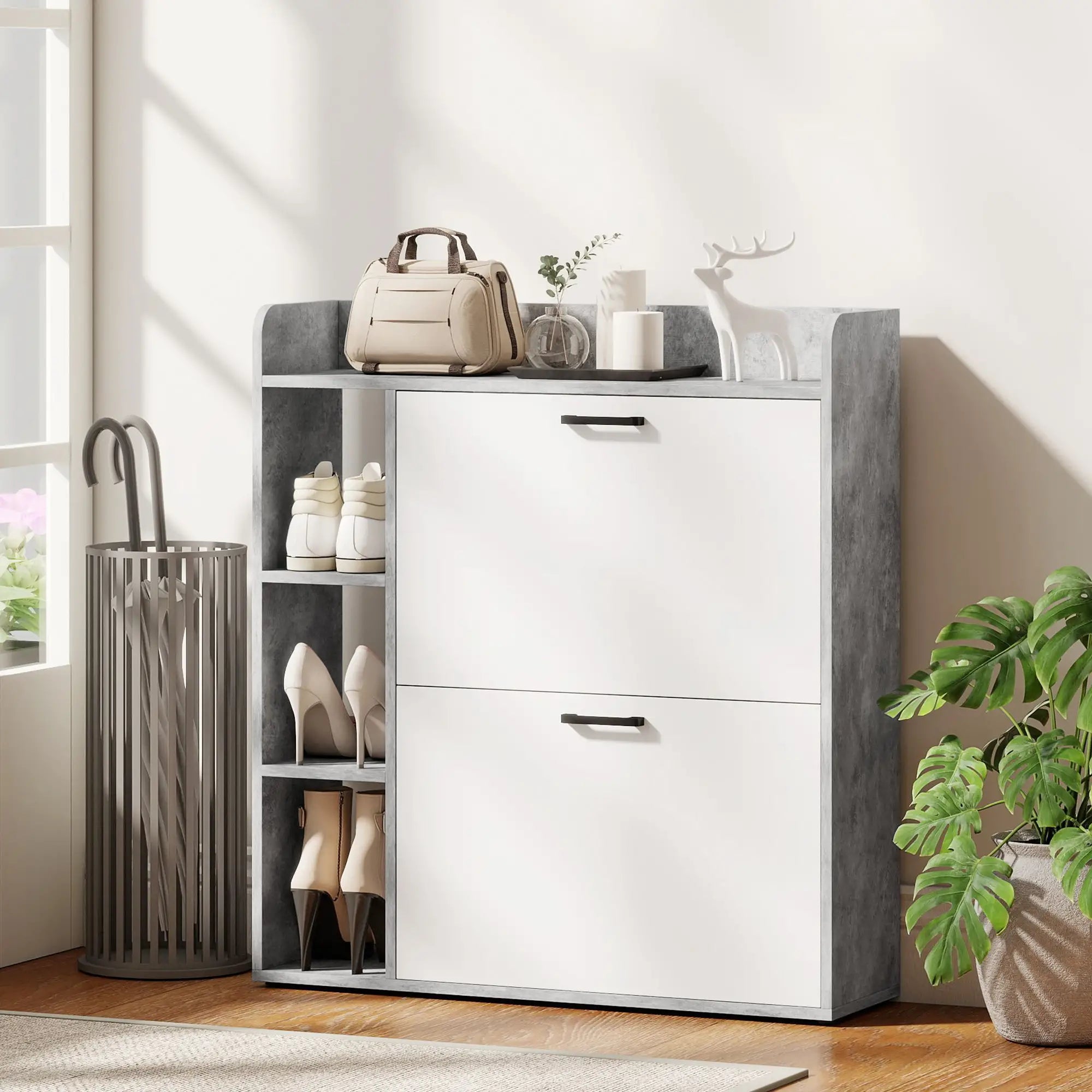 Shoe Cabinet with 2 Flip Drawers, 3 Side Compartments, Adjustable Shelves, 8-12 Pairs for Entryway Hallway, Grey Shoe Storage Cabinets & Racks at Gallery Canada