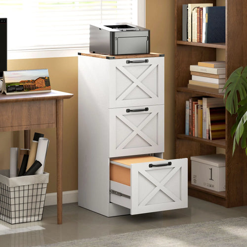 3 Drawer File Cabinet, Vertical Farmhouse, Fits Letter/A4, White