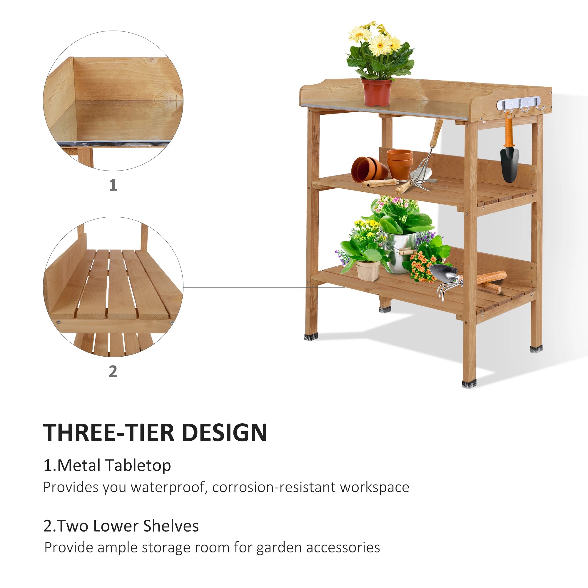 Wooden Potting Bench, Outdoor Garden Work Table, Tool Storage Shelf w/ Hooks, Natural Potting Benches & Tables at Gallery Canada