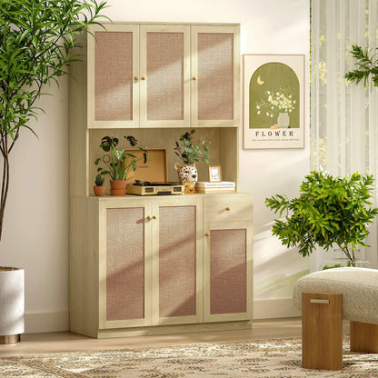 71" Kitchen Hutch with Microwave Countertop, Boho Pantry Cabinet, Rattan Doors, Natural Kitchen Pantry Cabinets at Gallery Canada