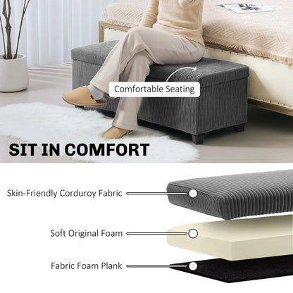 44 Inches Ottoman Storage Bench, Corduroy Lid, Grey