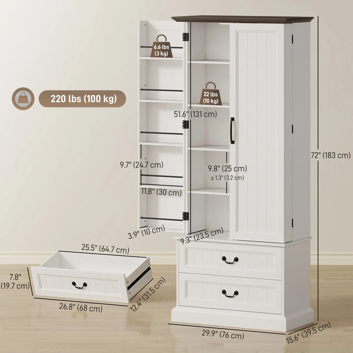 72" LED Kitchen Pantry Cabinet, 10 Door Shelves, 2 Drawers, White Kitchen Pantry Cabinets at Gallery Canada