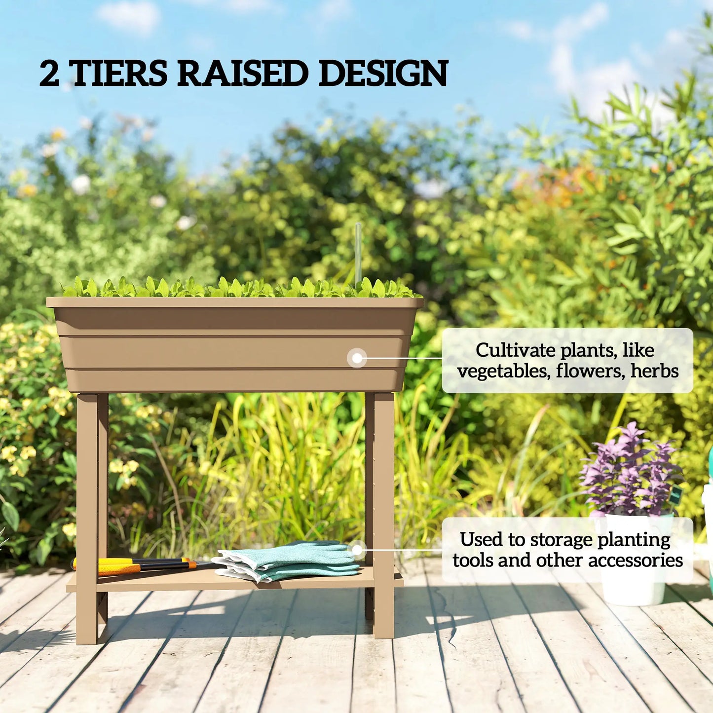 41L Self Watering Raised Garden Bed, Transparent Lid, Storage Shelf, Brown