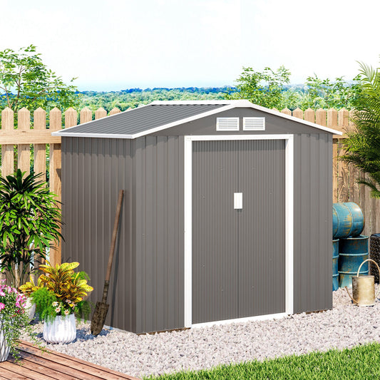 7' x 4' x 6' Garden Storage Shed Outdoor Patio Yard Metal Tool Storage House w/ Floor Foundation and Double Doors Grey - Gallery Canada