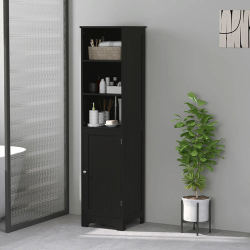 Tall Bathroom Storage Cabinet, Freestanding with Adjustable Shelf, 3 Open Shelves, Black