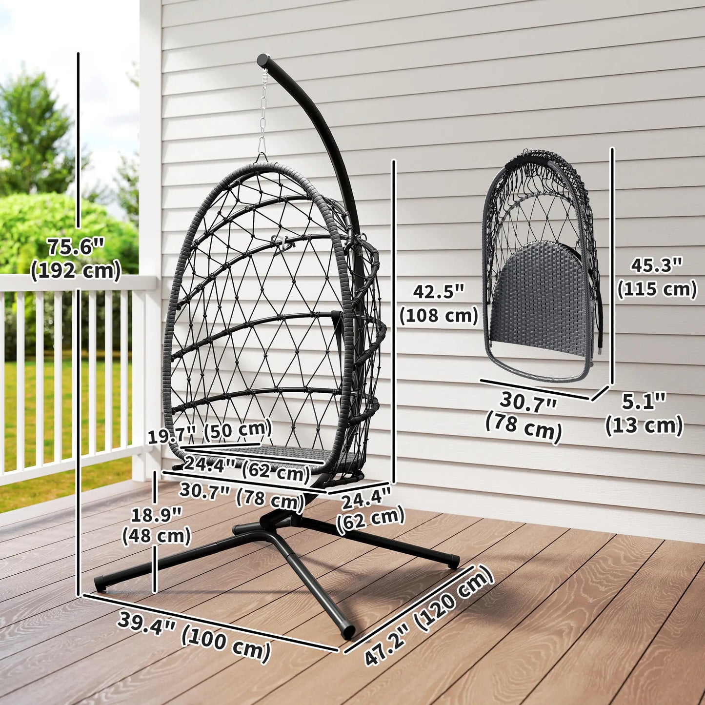 Chaise Œuf Suspendue, Balançoire en Rotin Tressé Pliable, Gris