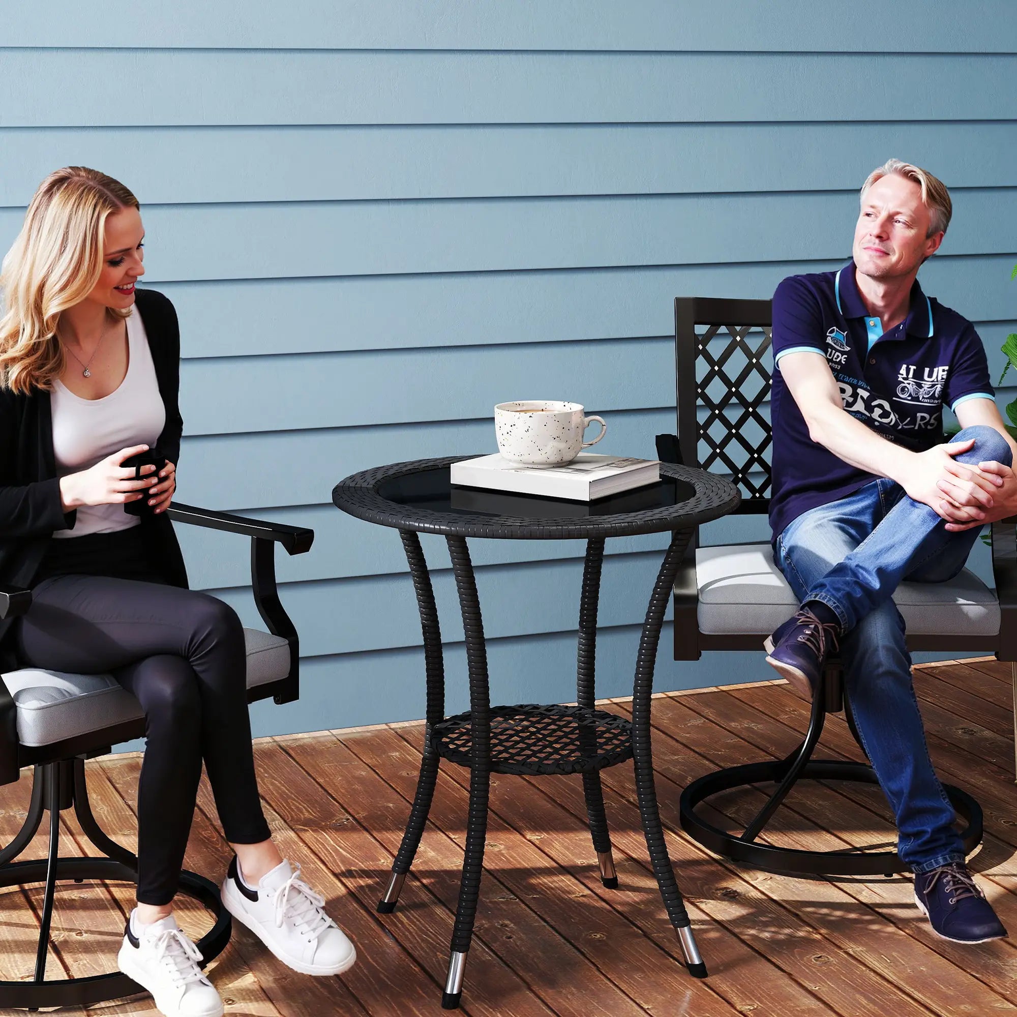 Outdoor Rattan Dining Table, Round Coffee Table with 2-Tier Shelf, Black Patio Dinning Tables at Gallery Canada