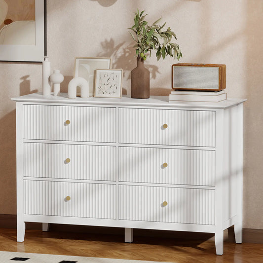 Modern 6 Drawer Dresser, Double Chest, White