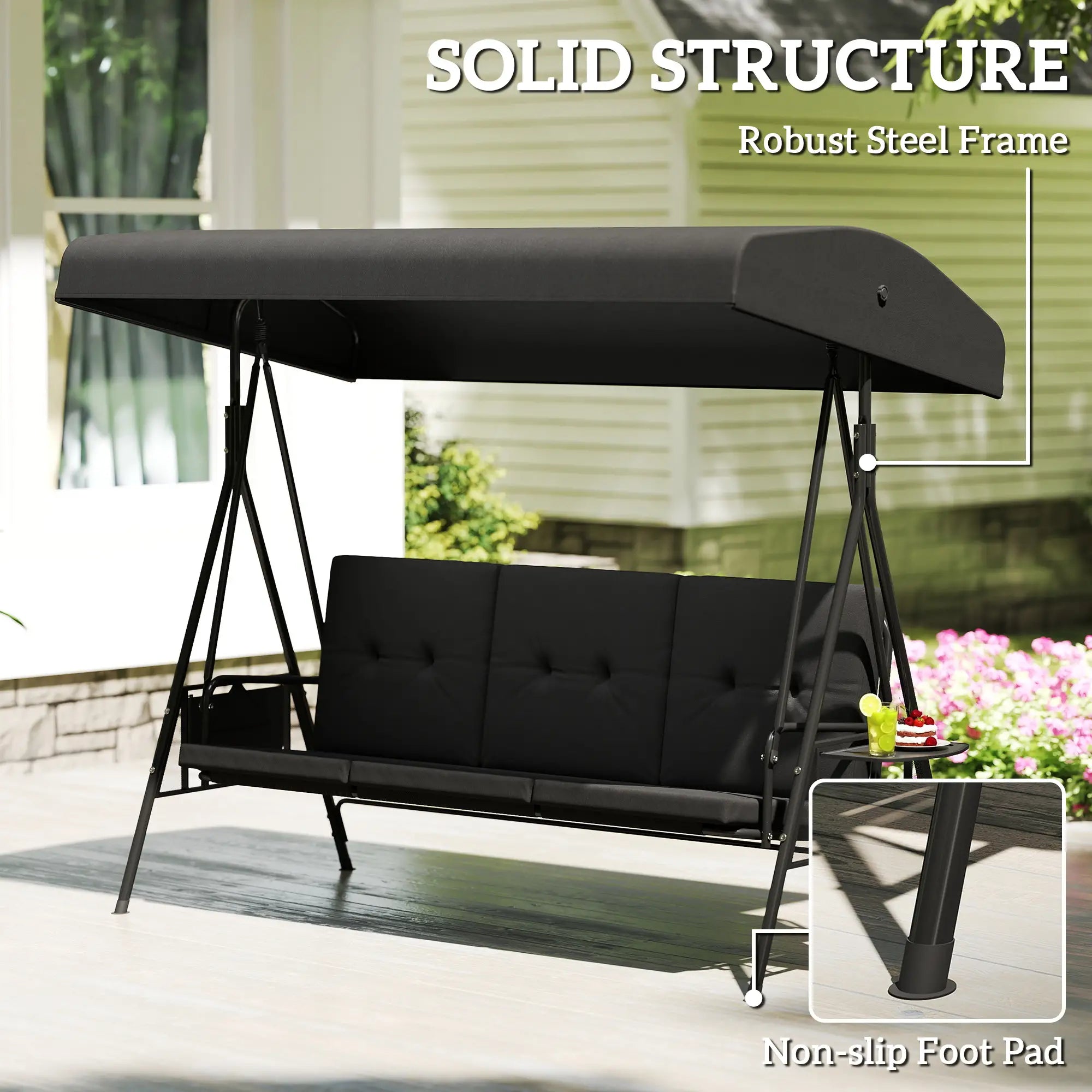 3-Seat Outdoor Swing With Adjustable Canopy, Side Tray, Black Patio Swings with Stand at Gallery Canada