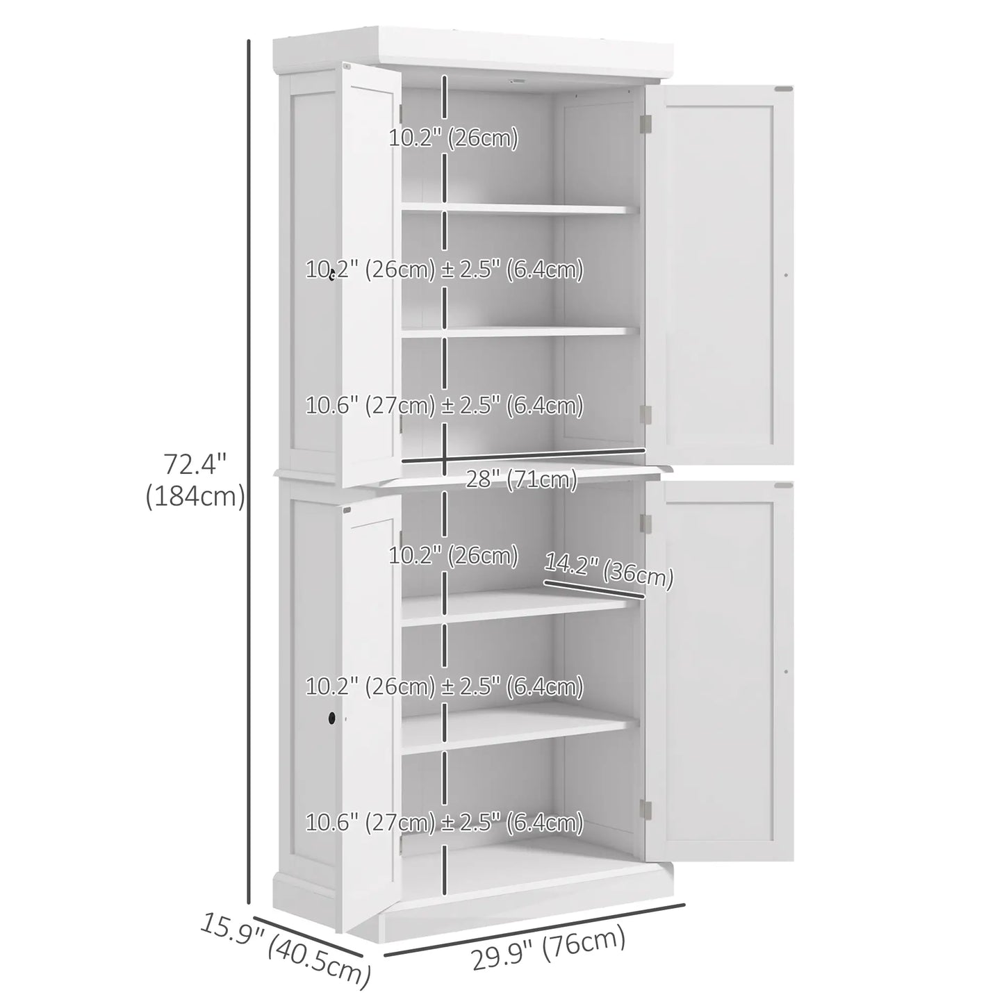 72.5" Freestanding Kitchen Pantry, 4 Doors, White Kitchen Pantry Cabinets at Gallery Canada