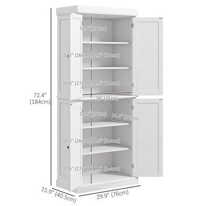 72.5" Freestanding Kitchen Pantry, 4 Doors, White Kitchen Pantry Cabinets at Gallery Canada
