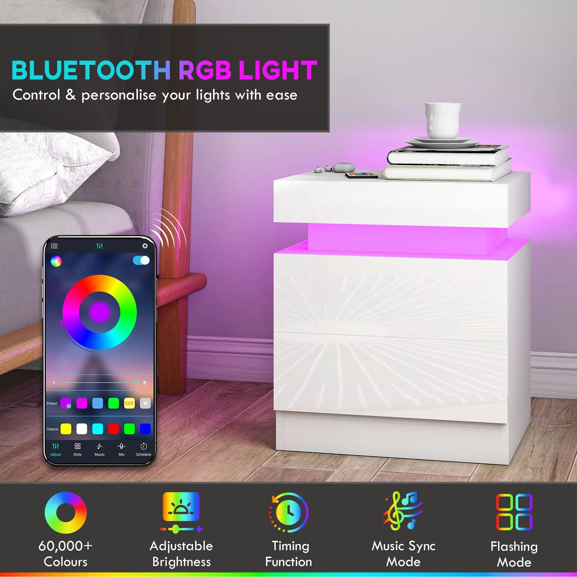 Nightstand Set of 2, LED Lights, 2 Drawers, White Bedside Tables at Gallery Canada