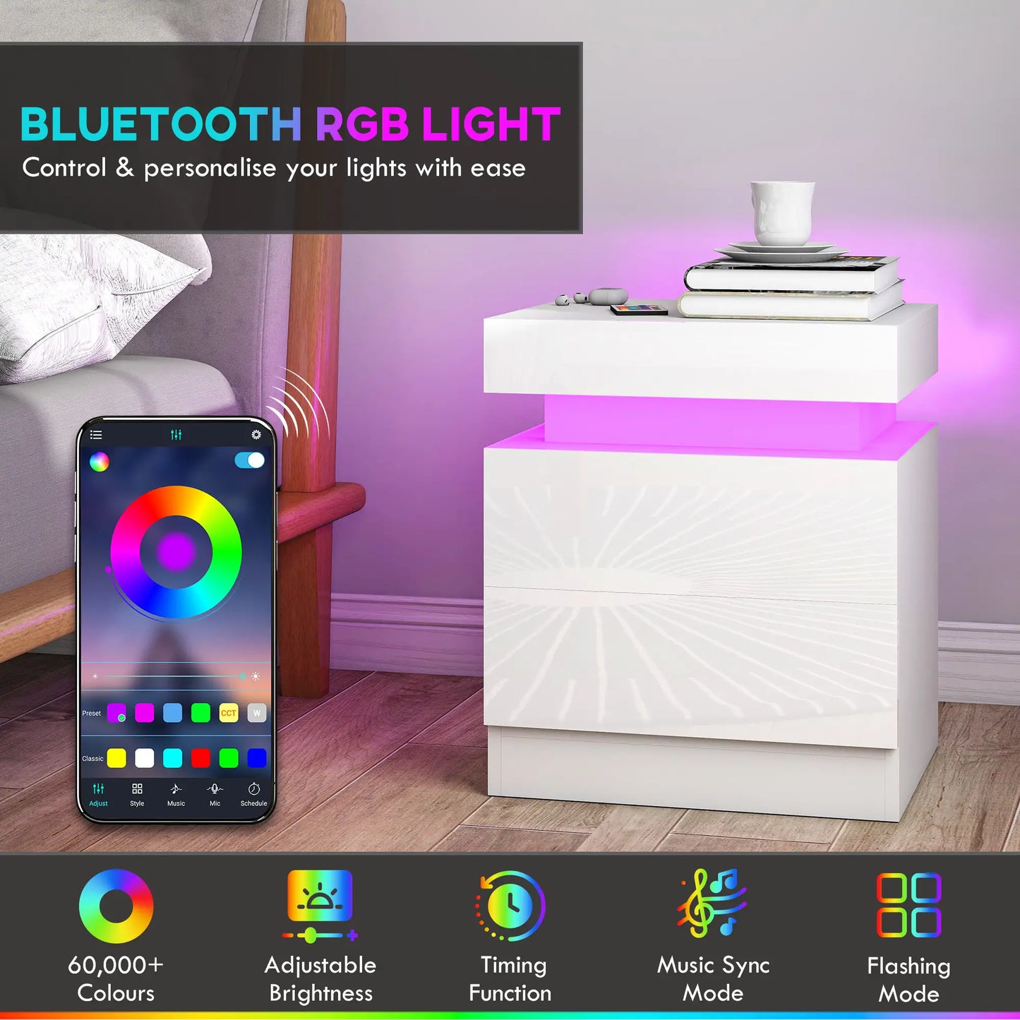 Nightstand Set of 2, LED Lights, 2 Drawers, White Bedside Tables at Gallery Canada