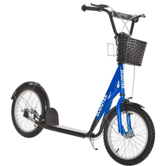 Kids Kick Scooter, Adjustable Handlebar, 2 Brakes, Basket, Cupholder, 16" Inflatable Tyres, Blue Scooters Blue, Black at Gallery Canada