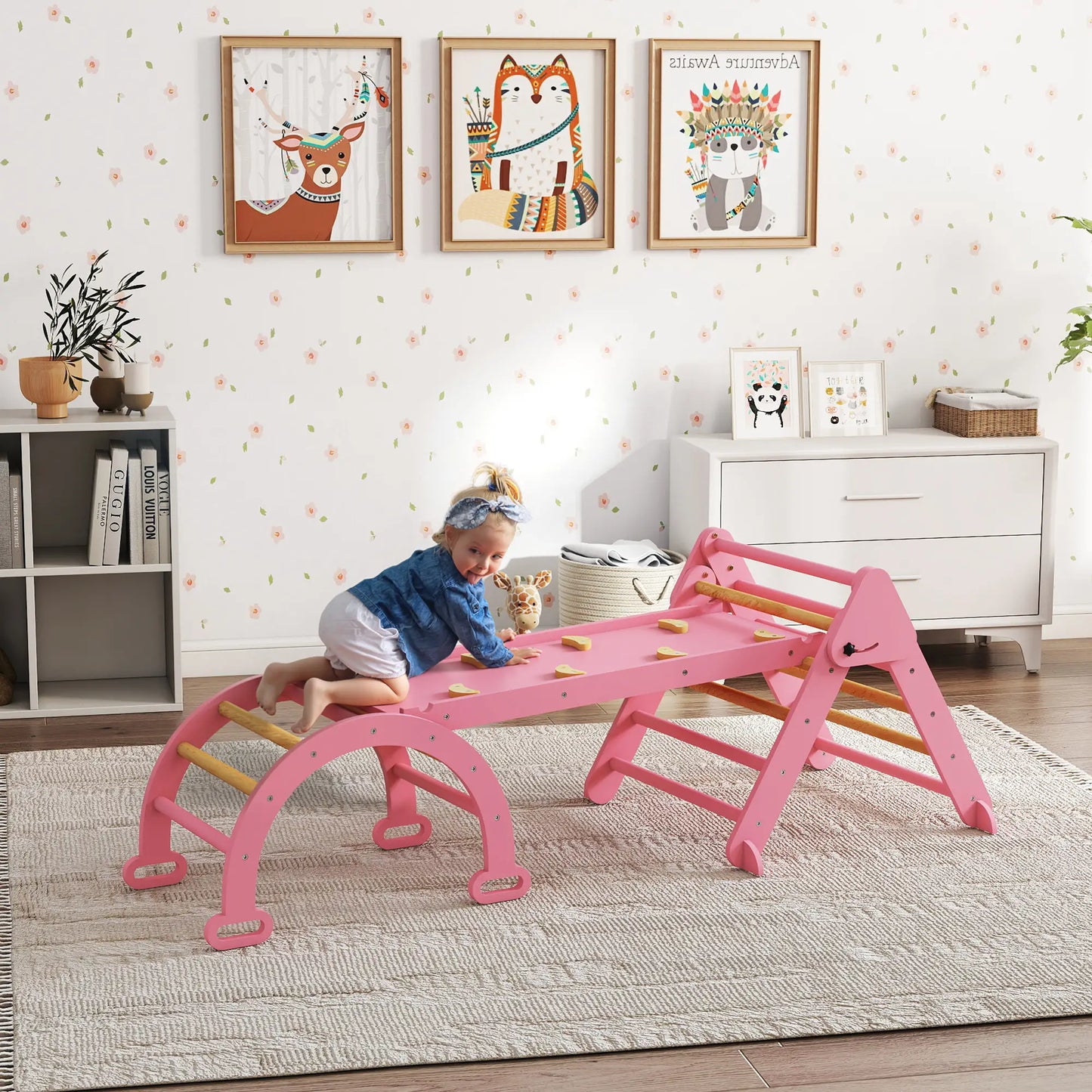 7-in-1 Pikler Triangle Set, Foldable Wooden Climbing Toys, Pink Kids Gym & Playmats at Gallery Canada