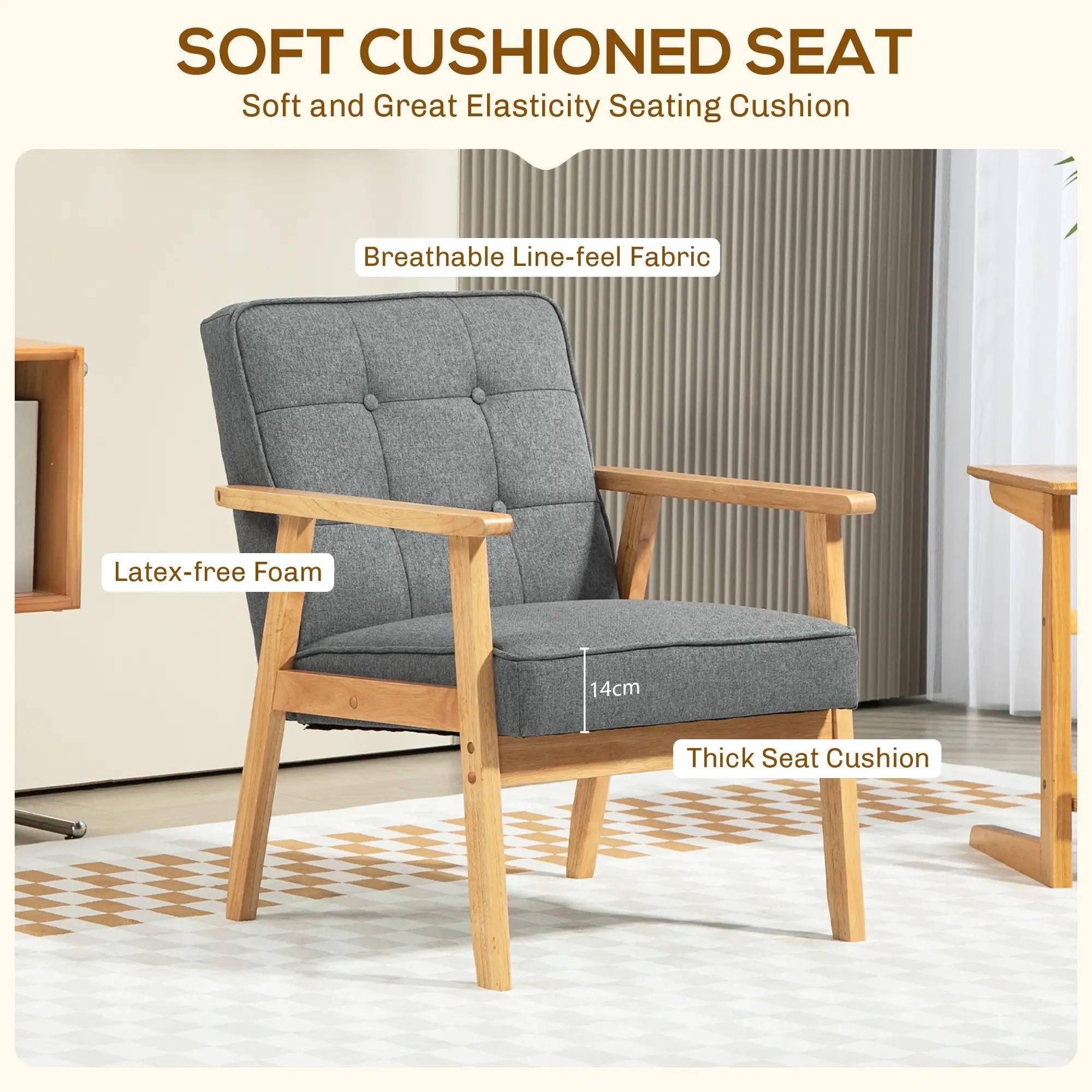 Modern Accent Chair with Button Tufted Back, Line-feel Fabric Armchair with Solid Wood Frame for Bedroom, Grey Accent Chairs at Gallery Canada