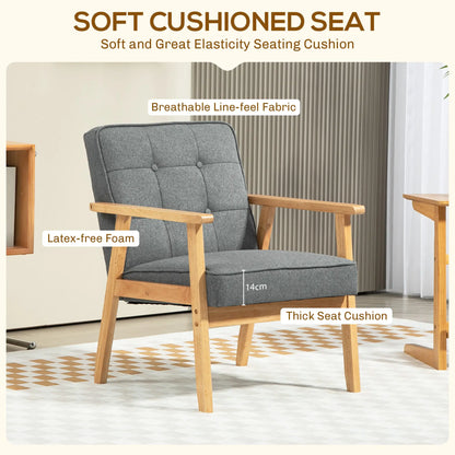 Modern Accent Chair with Button Tufted Back, Line-feel Fabric Armchair with Solid Wood Frame for Bedroom, Grey Accent Chairs at Gallery Canada