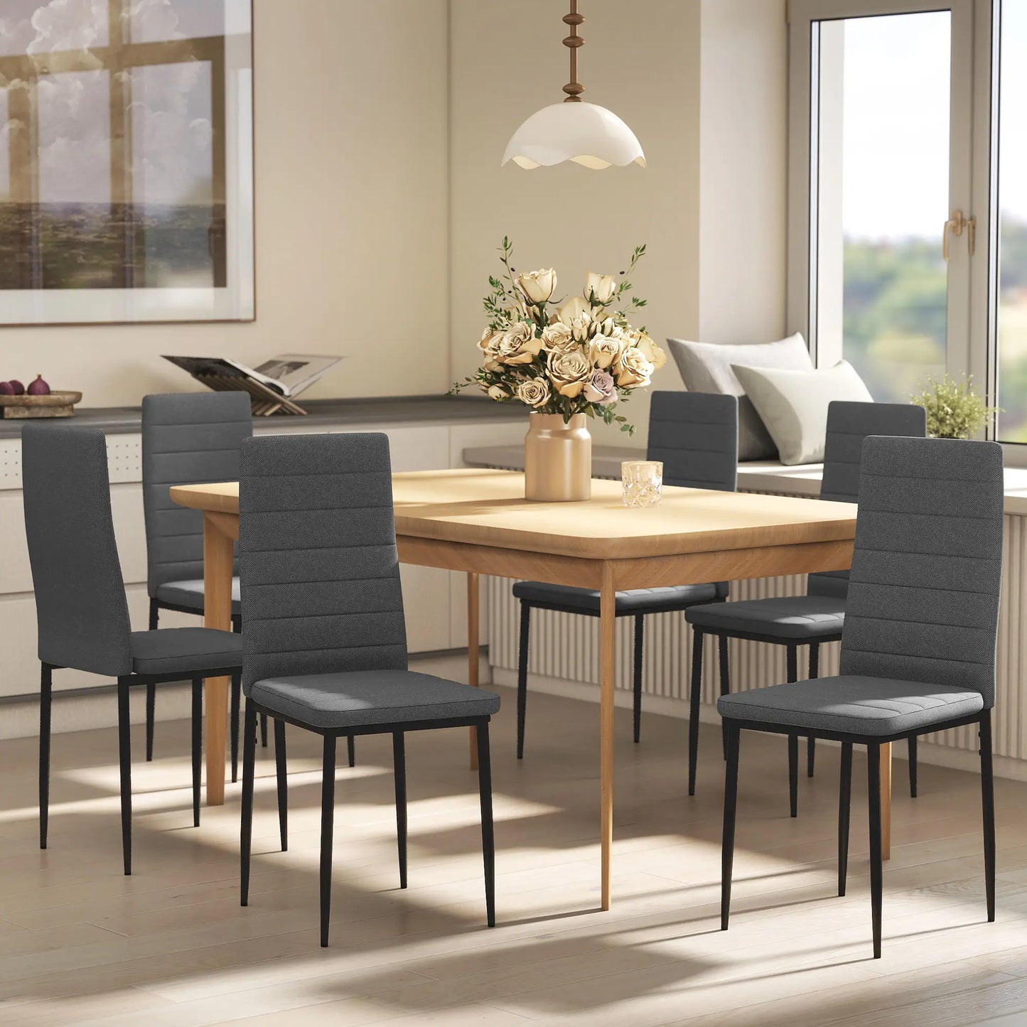 Modern Dining Chairs, Set of 6, High Back Linen Fabric, Grey Dining Chairs at Gallery Canada