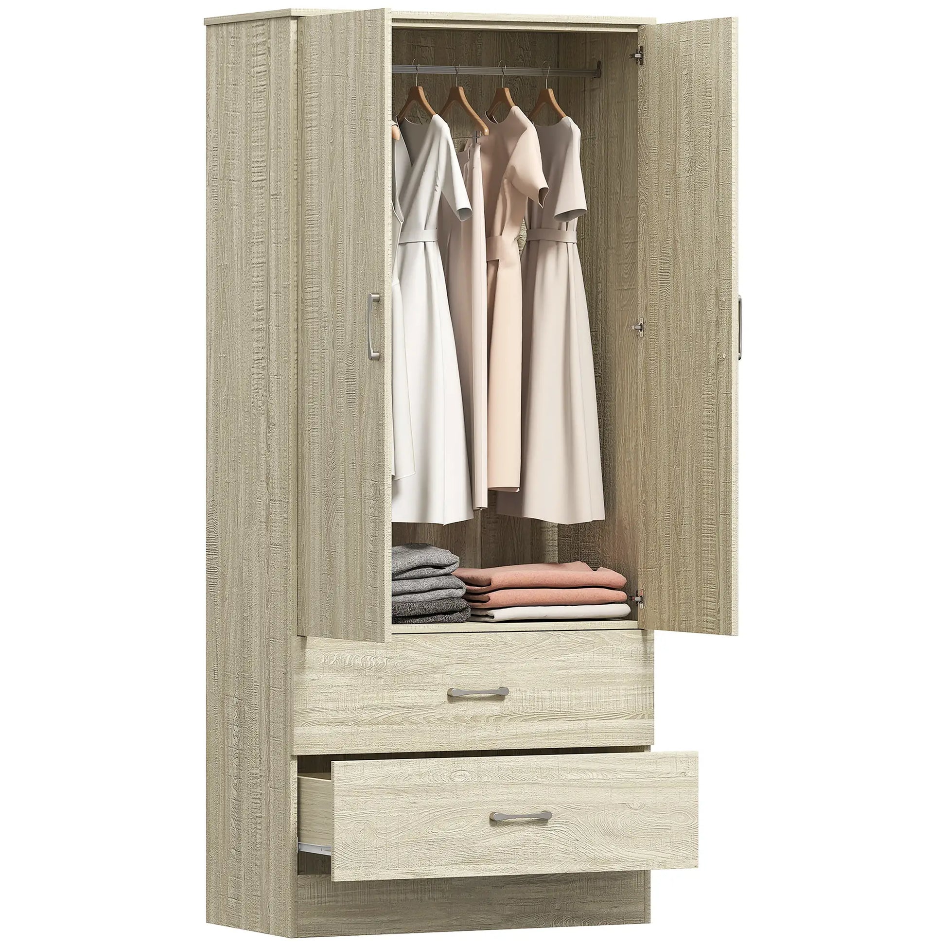 Wardrobe Closet, Hanging Rod, 2 Doors, 2 Drawers, Oak Clothing Storage at Gallery Canada