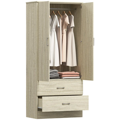 Wardrobe Closet, Hanging Rod, 2 Doors, 2 Drawers, Oak Clothing Storage at Gallery Canada