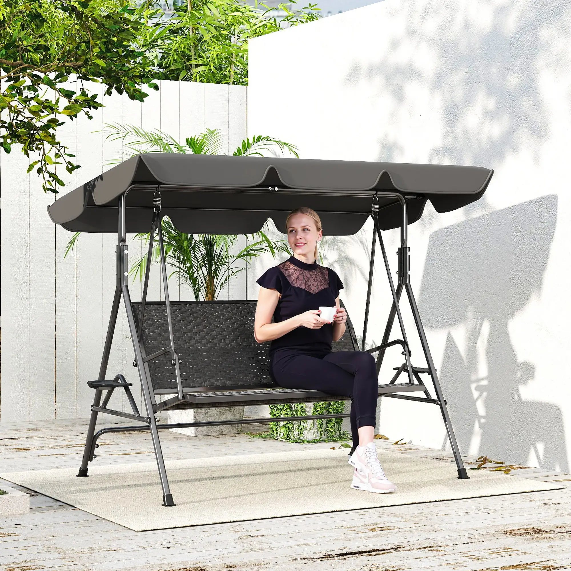3-Seat Patio Swing Chair, Outdoor Canopy Swing Glider, Adjustable Shade, Grey Patio Swings with Stand at Gallery Canada