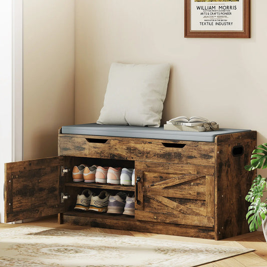 Shoe Storage Bench, 2-Tier Cabinet, Flip-Top, Padded Cushion, Rustic Brown Shoe Storage Cabinets & Racks Rustic Brown, Black at Gallery Canada