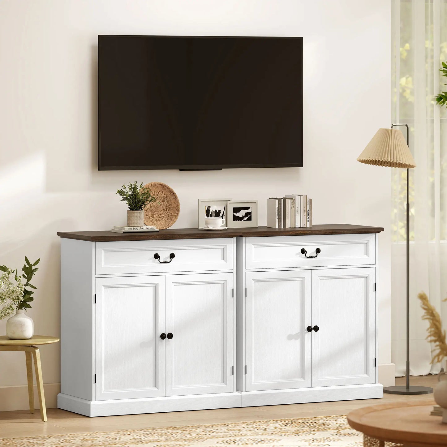 32" Buffet Cabinet, White Wood Grain, Farmhouse Sideboard, White Bar Cabinets at Gallery Canada