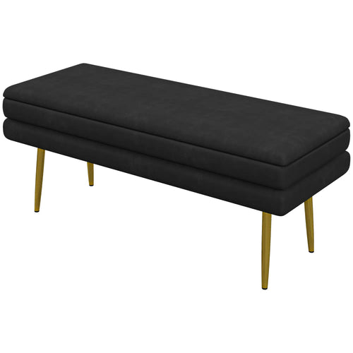 Velvet Upholstered Bench, Thick Padded Seat, Steel Legs, Black