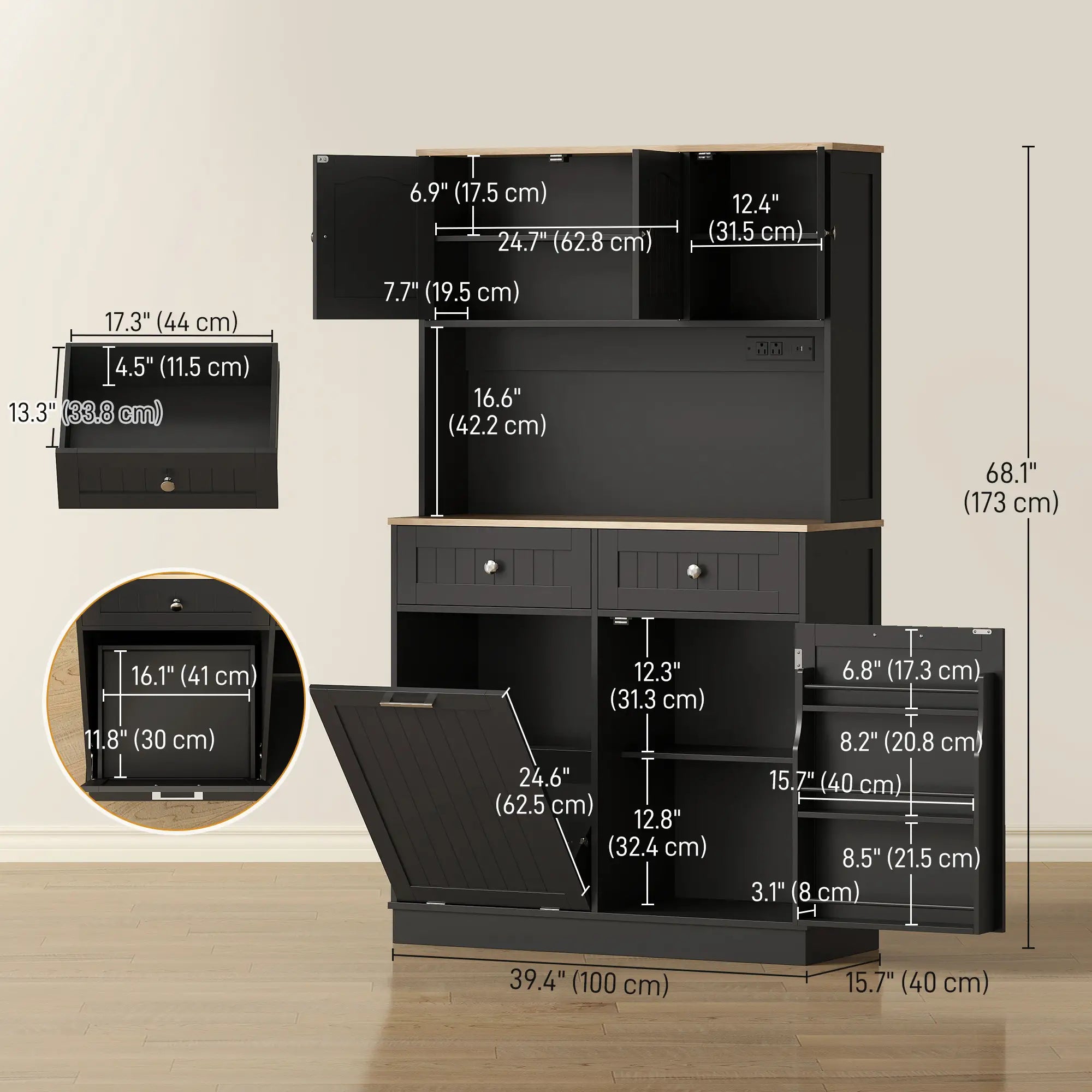 68 Inch Pantry Cabinet with Charging Station, Microwave Stand, Trash Can, Black Kitchen Pantry Cabinets at Gallery Canada