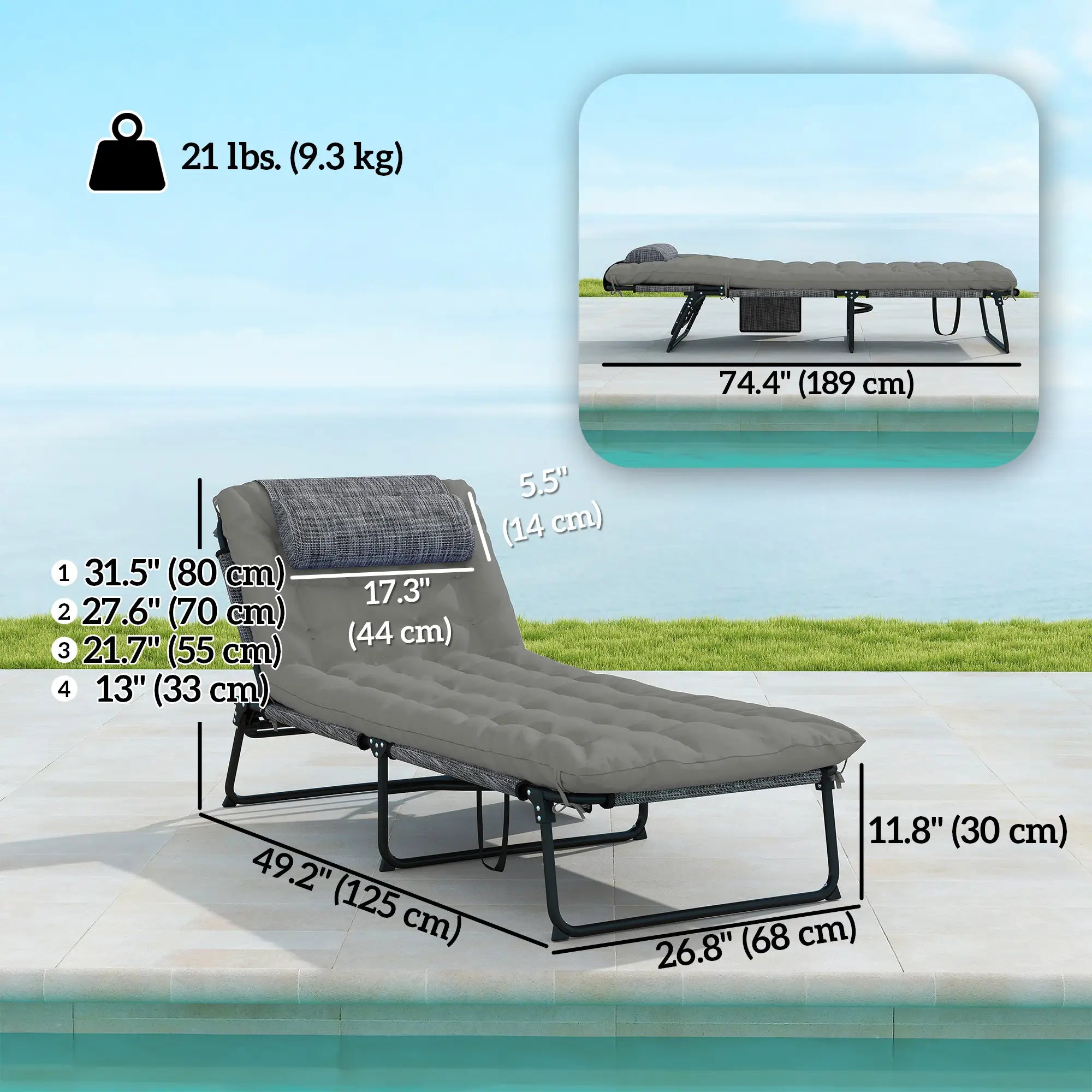 Folding Lounge Chair, 4-Level Reclining Back, Cushion, Grey Lounger Chairs at Gallery Canada