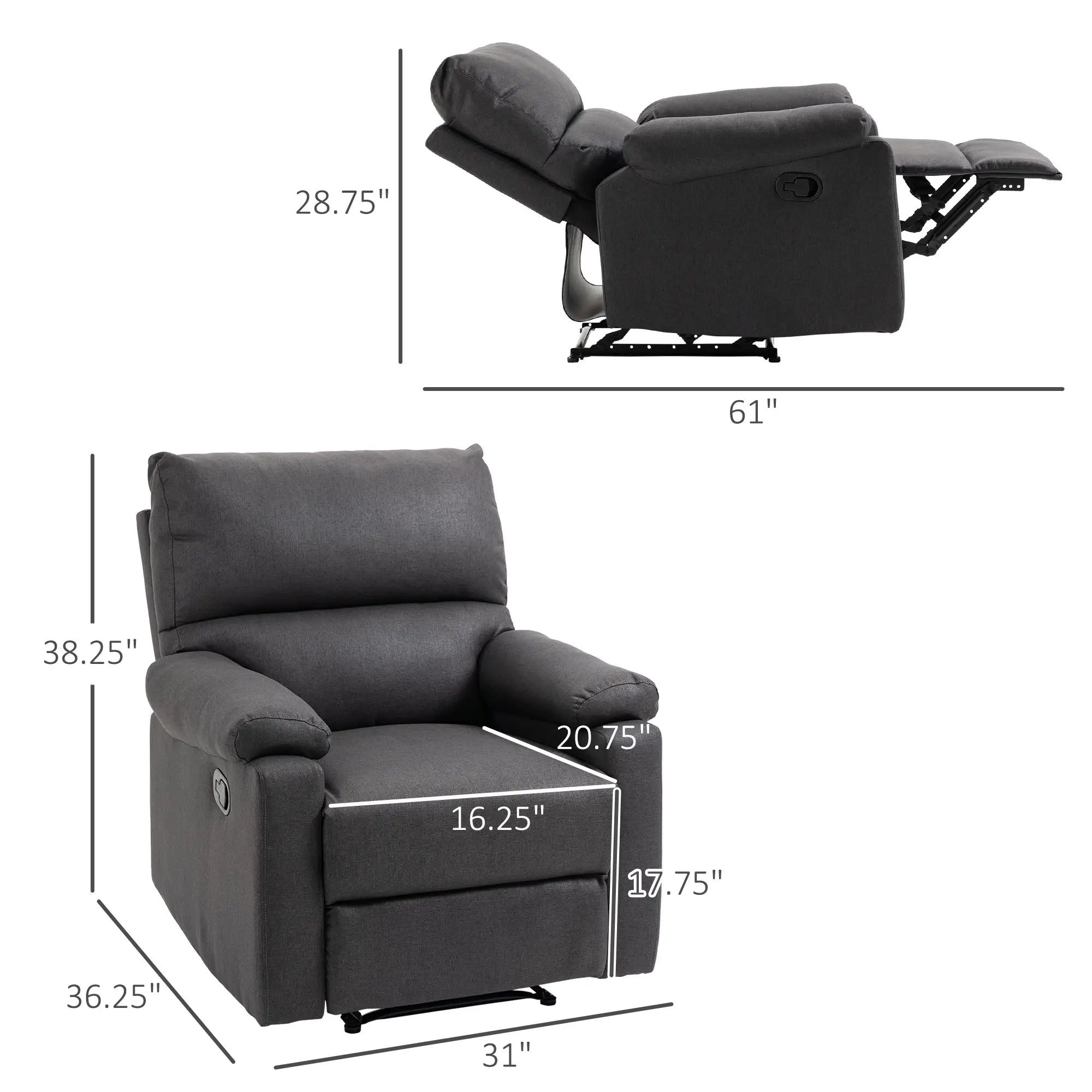 Manual Recliner Chair with Footrest, Padded Seat, Dark Grey Single Sofas at Gallery Canada