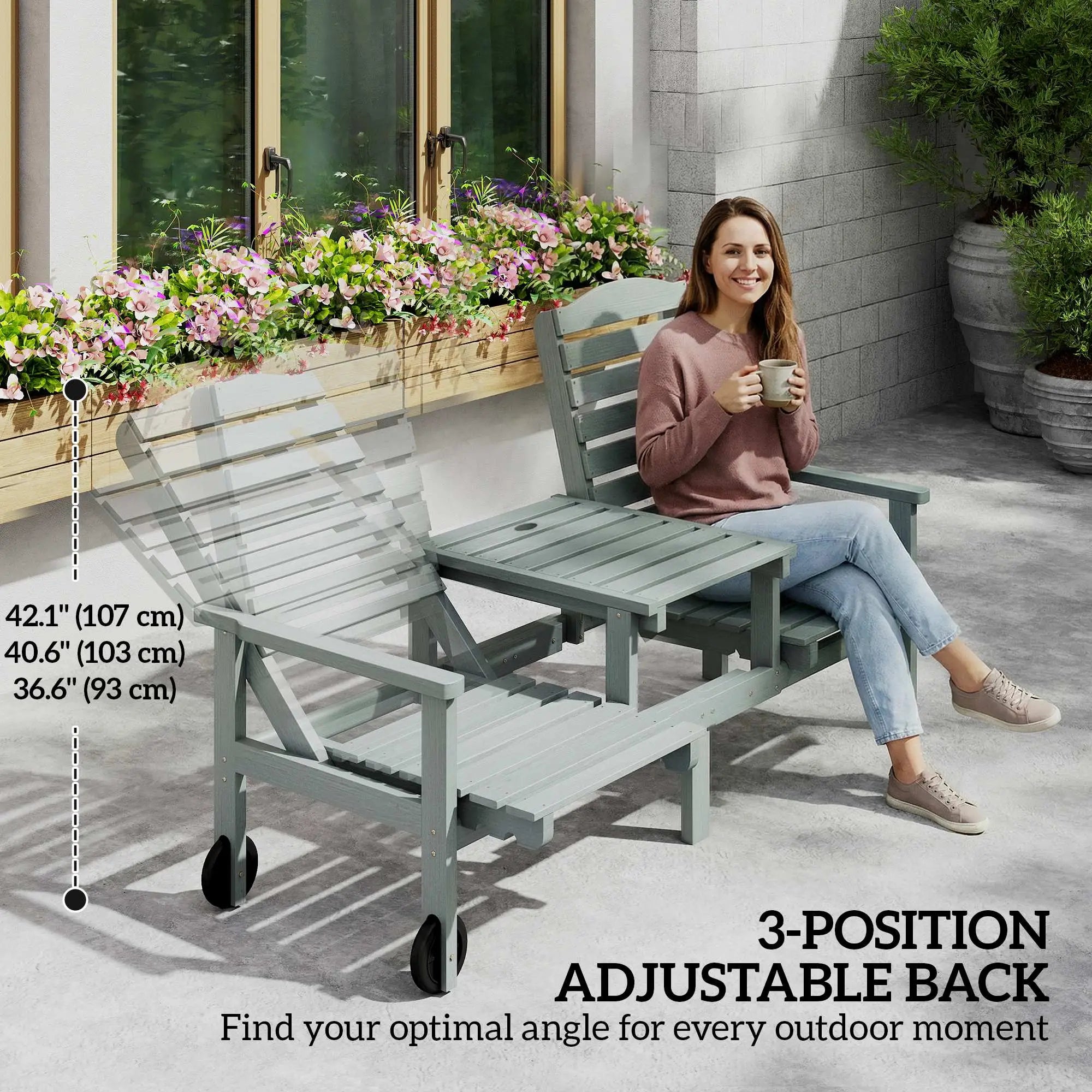 Outdoor Bench With Wheels, Adjustable High Back, 2 Seater Loveseat, Grey Piano Benches at Gallery Canada