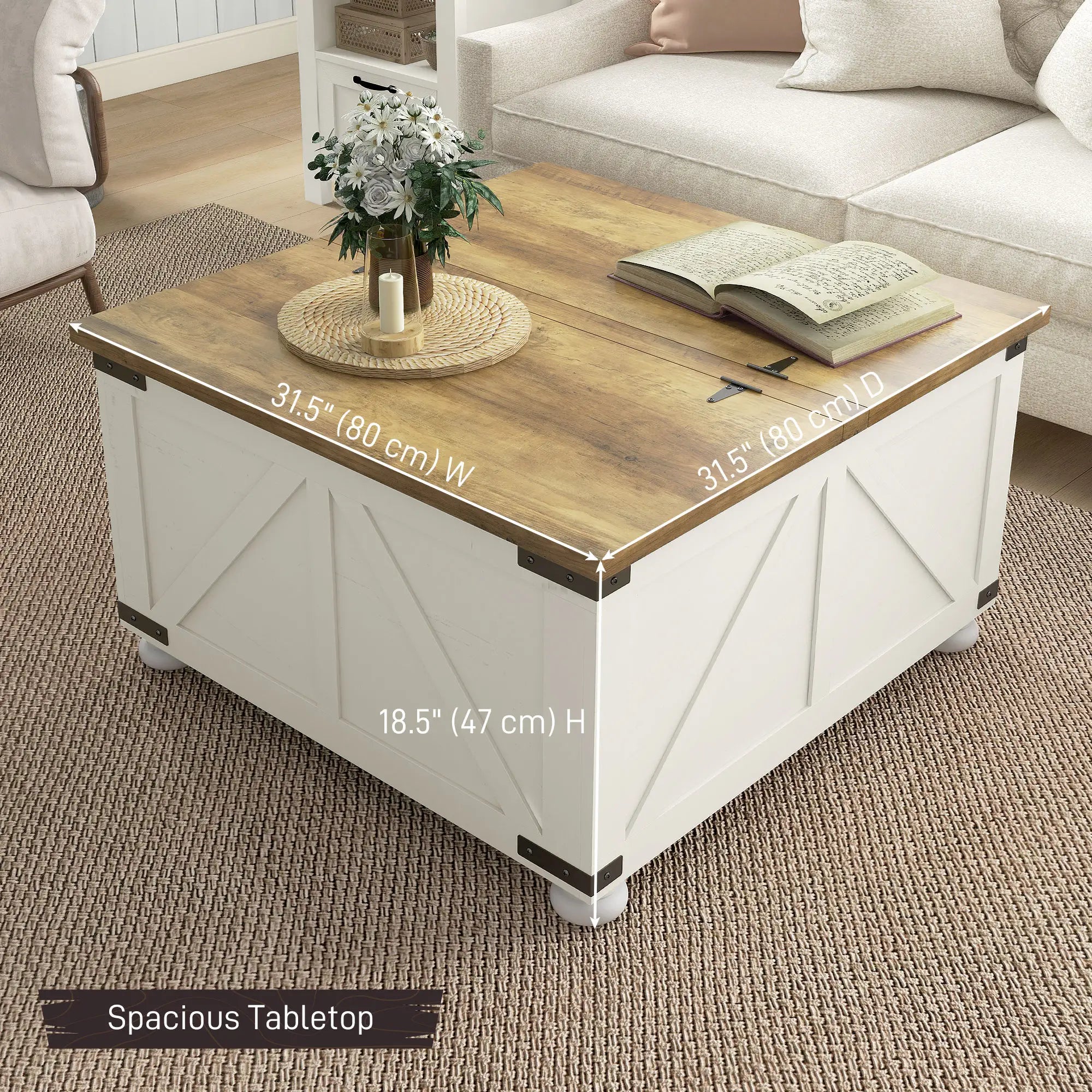 Farmhouse Coffee Table, Square Flip-Top, Hidden Storage, Antique White Coffee Tables at Gallery Canada
