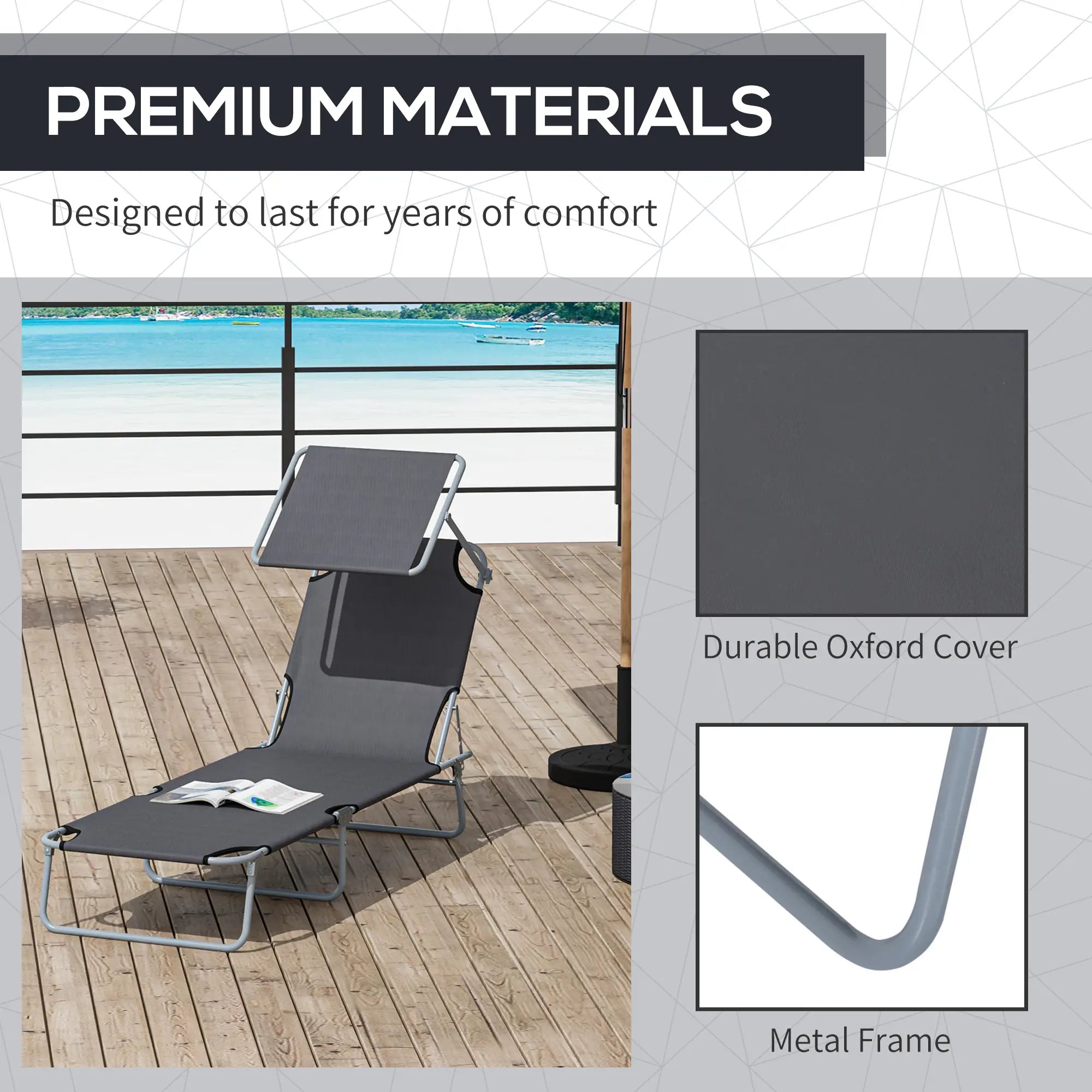 Outdoor Lounge Chair, Adjustable Folding Chaise, Tanning Chair with Shade, Grey Lounger Chairs at Gallery Canada