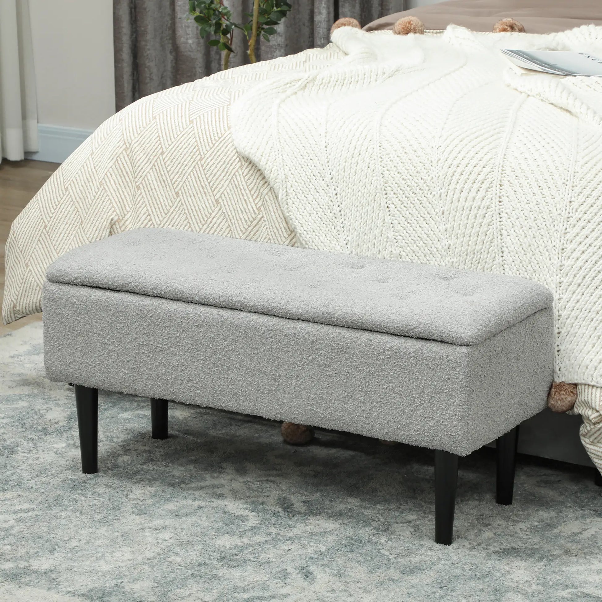 Modern Storage Bench, Ottoman with Lamb's Wool Upholstery, Grey Storage Ottomans & Benches at Gallery Canada