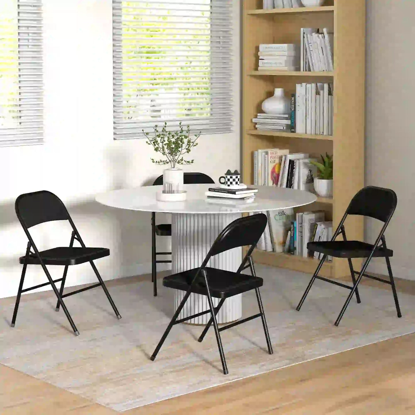 Set of 4 Foldable Metal Chairs, Linen Padded Seat, Open Back, Black Dining Chairs at Gallery Canada