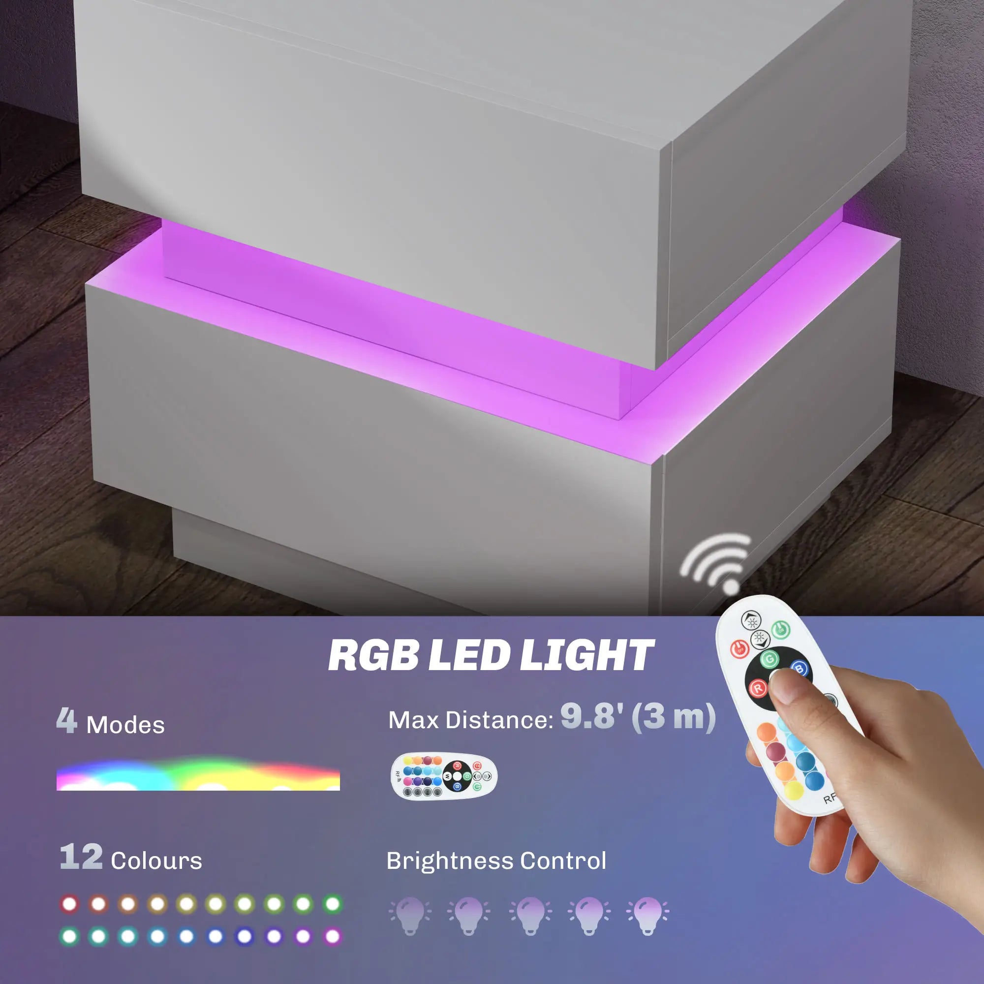 Modern Nightstand with Charging Station, LED Light, USB Ports, White Bedside Tables at Gallery Canada