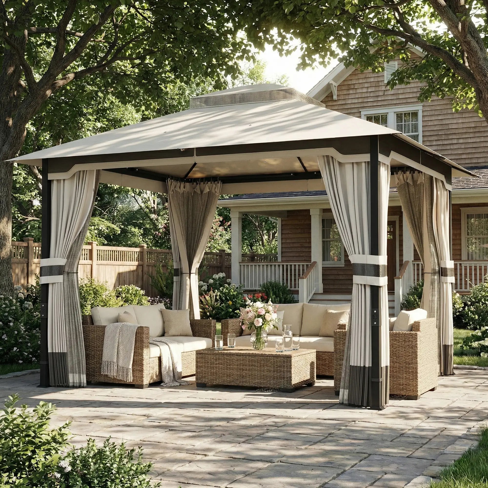 10' x 12' Patio Gazebo, Double Roof Canopy Shelter, Steel Frame, Light Grey Gazebos at Gallery Canada