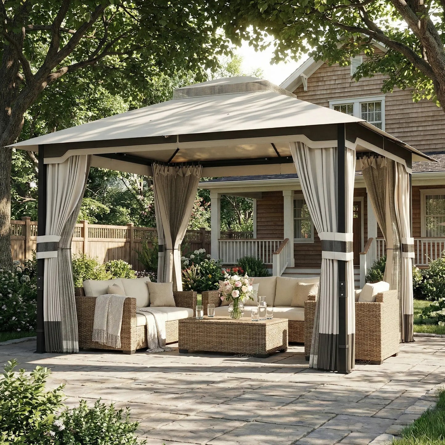 10' x 12' Patio Gazebo, Double Roof Canopy Shelter, Steel Frame, Light Grey Gazebos at Gallery Canada