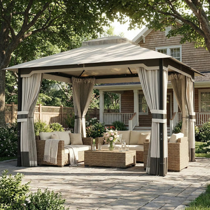 10' x 12' Patio Gazebo, Double Roof Canopy Shelter, Steel Frame, Light Grey Gazebos at Gallery Canada
