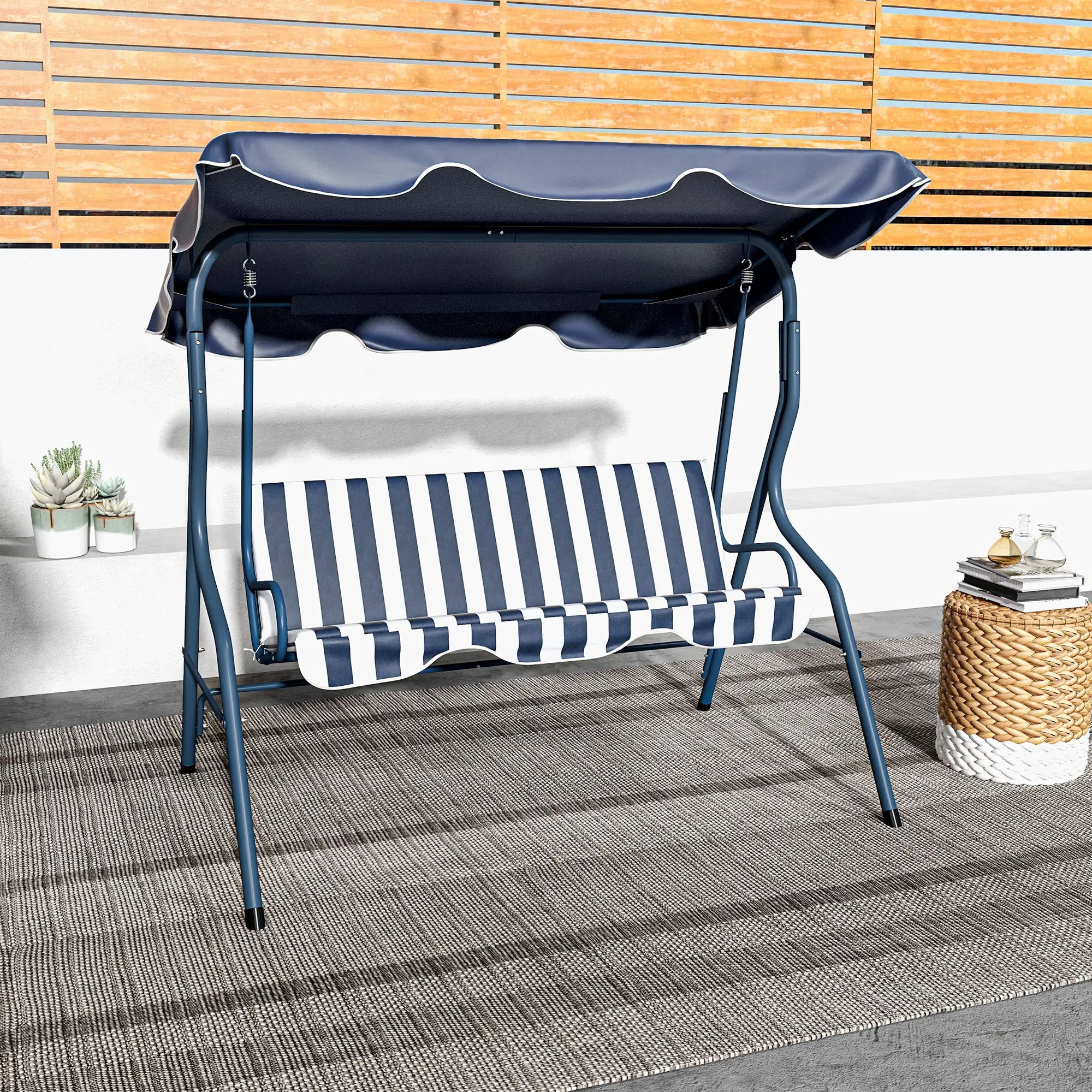Outdoor Porch Swing, Adjustable Canopy, 3-Seater with Cushion, Blue Patio Swings with Stand at Gallery Canada