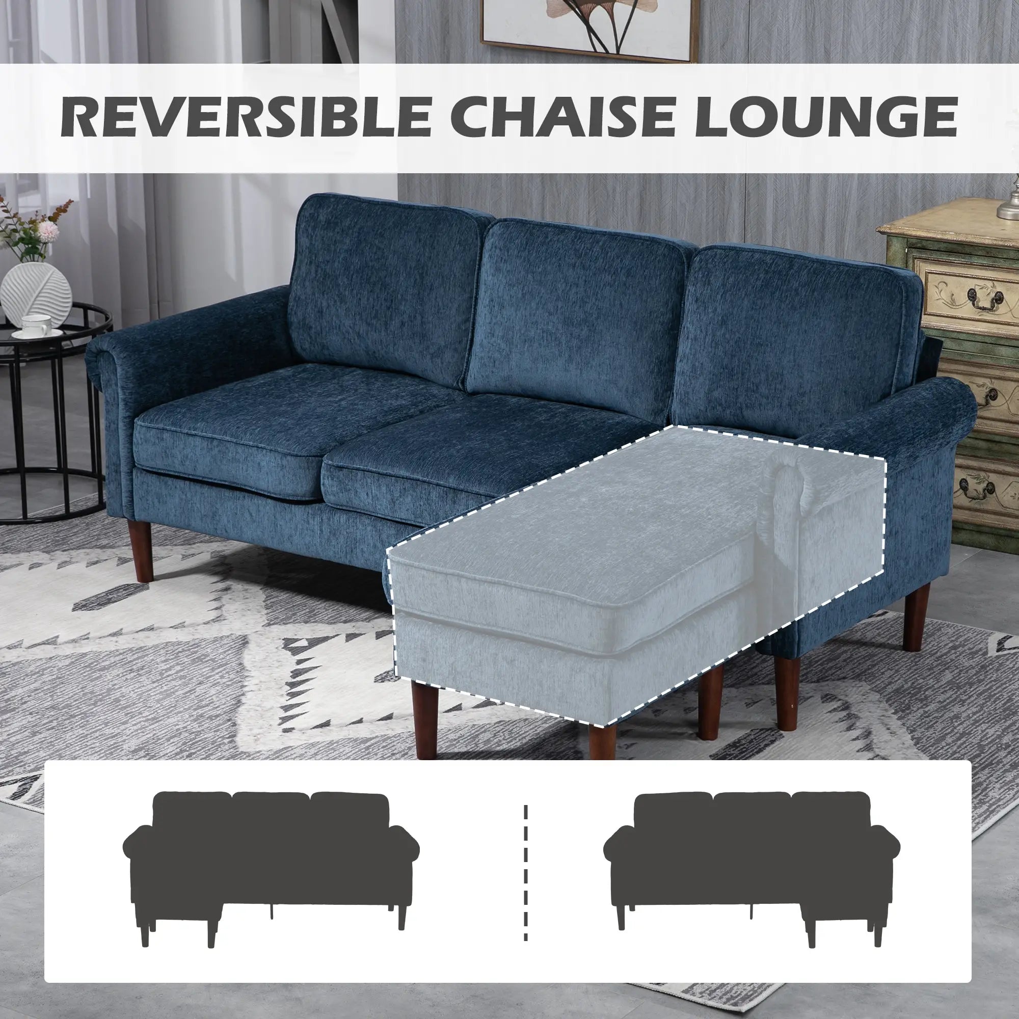 L Shape Sofa, Modern Sectional Couch, Changeable Chaise, Wooden Legs, Dark Blue 3-Seater Sofas at Gallery Canada