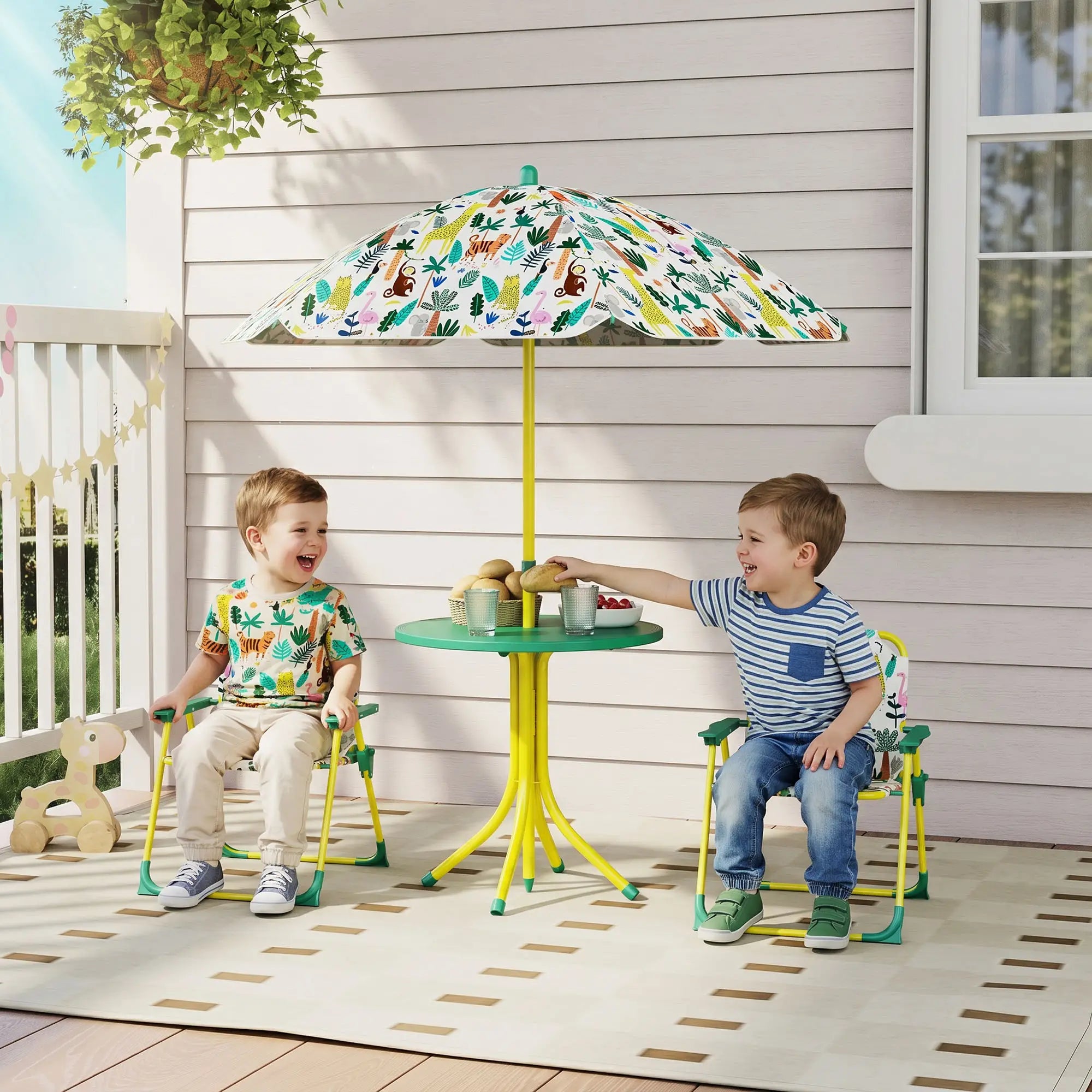 Kids Picnic Table Set, 2 Folding Chairs, Umbrella, Green Kids Outdoor Furniture at Gallery Canada