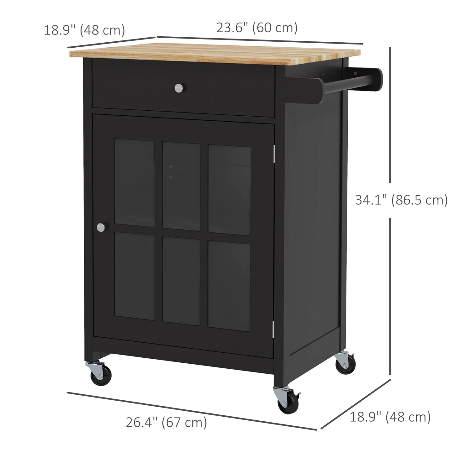 Rolling Kitchen Cart, Drawer and Glass Door Cabinet, Black Kitchen Islands & Kitchen Carts at Gallery Canada