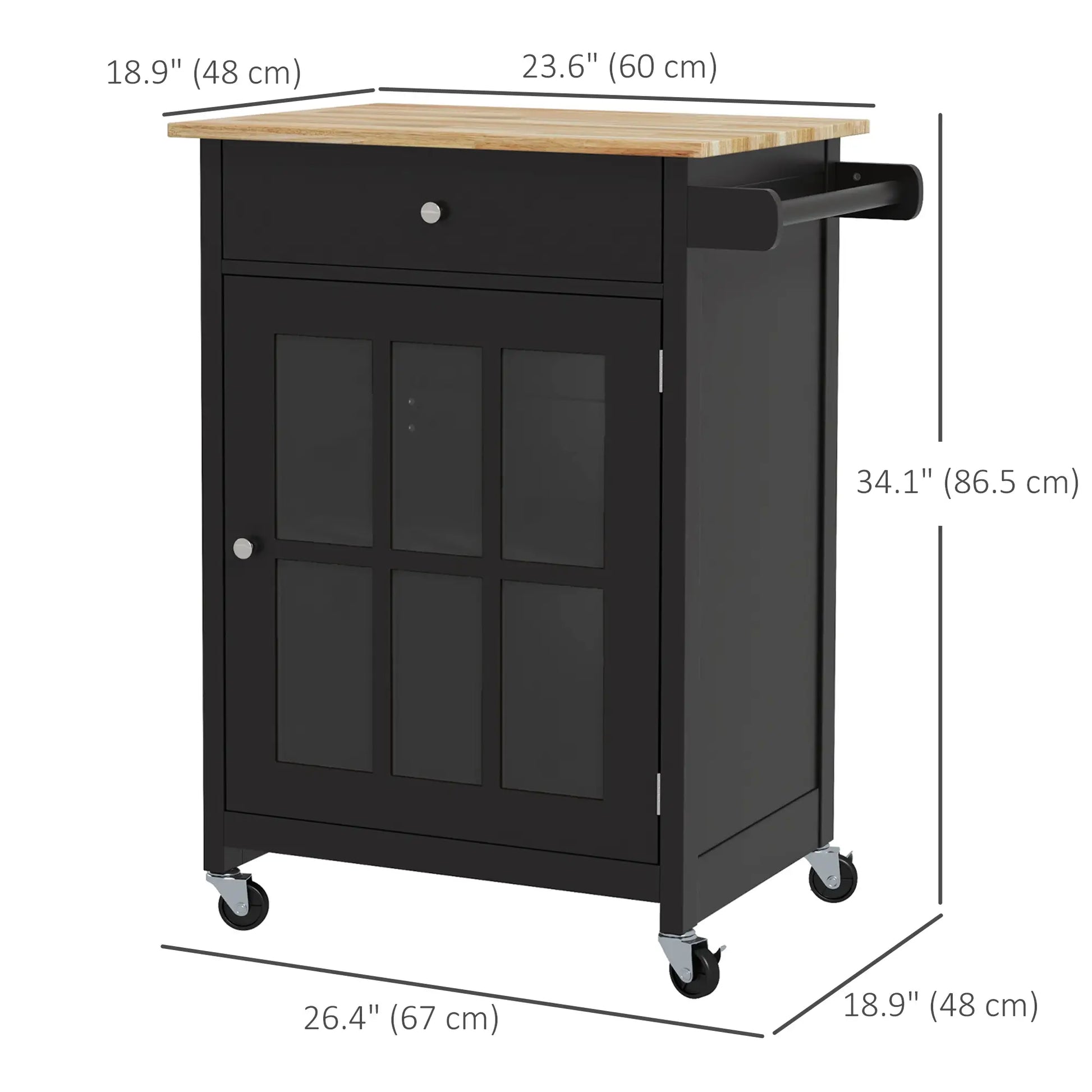 Rolling Kitchen Cart, Drawer and Glass Door Cabinet, Black Kitchen Islands & Kitchen Carts at Gallery Canada