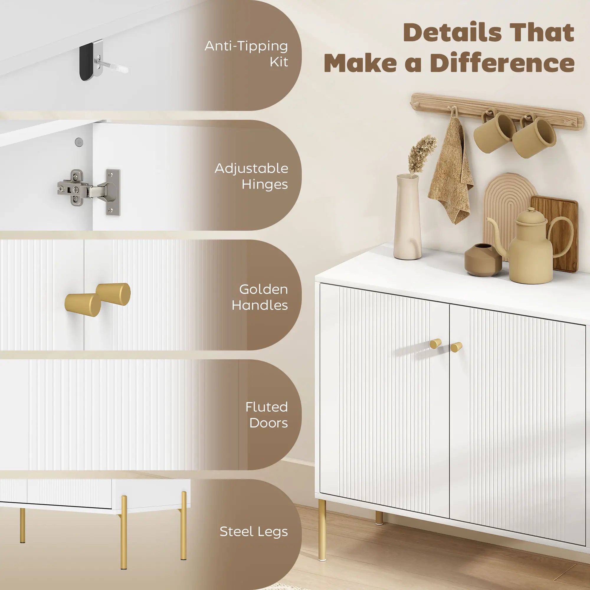 Sideboard, Modern Buffet Cabinet, Fluted Doors, Adjustable Shelf, White Storage Cabinets at Gallery Canada