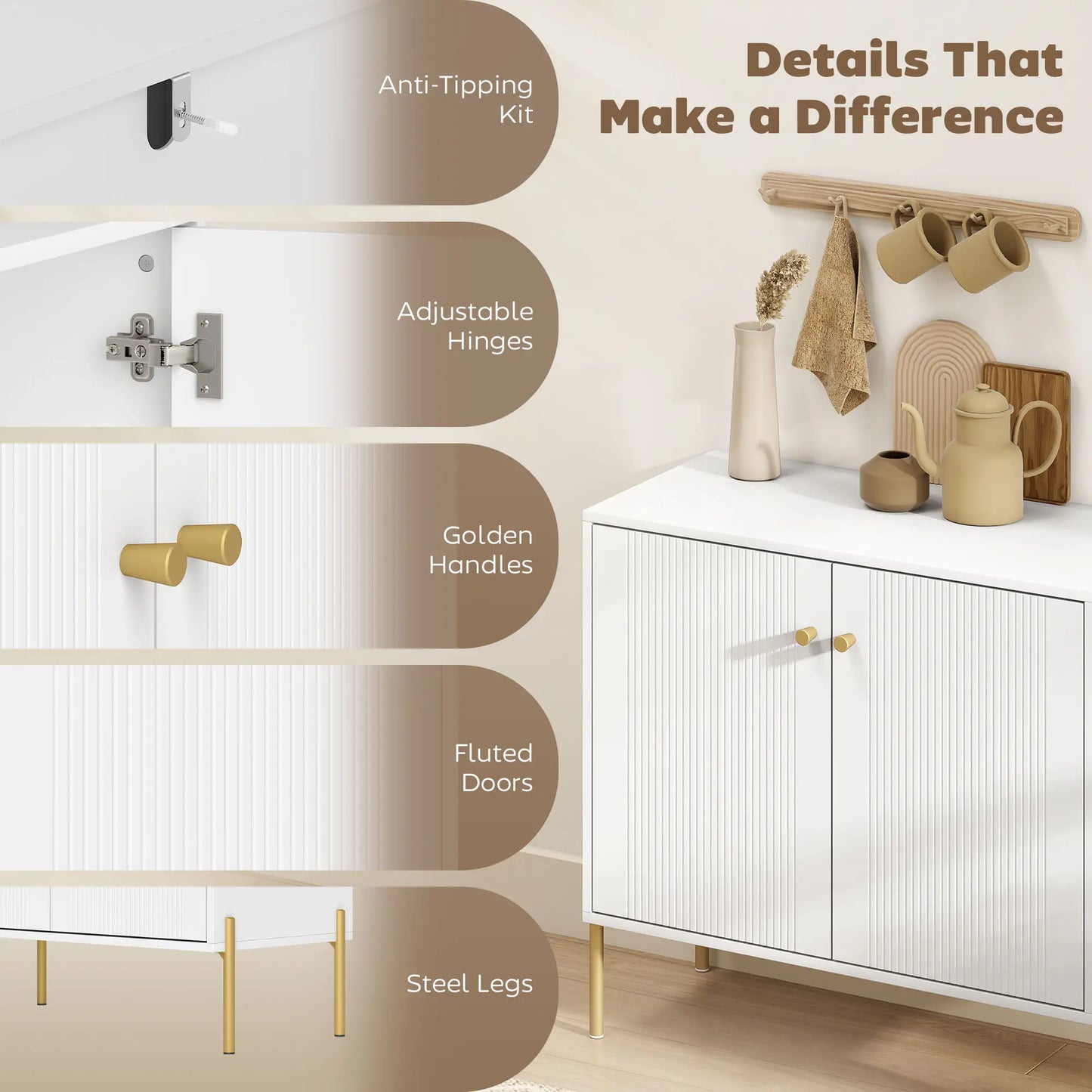 Sideboard, Modern Buffet Cabinet, Fluted Doors, Adjustable Shelf, White Storage Cabinets at Gallery Canada