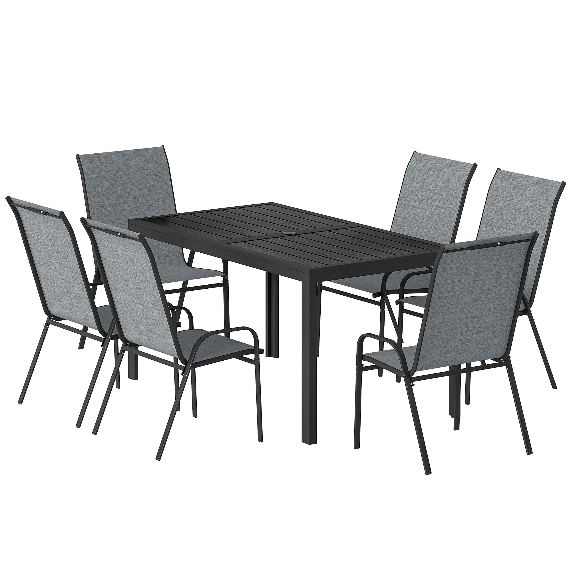 Outdoor Dining Set For 6, Faux Wood Metal Patio Table, Mesh Stackable Chairs, Mixed Grey Outdoor Dining Sets Black, Mixed Grey at Gallery Canada