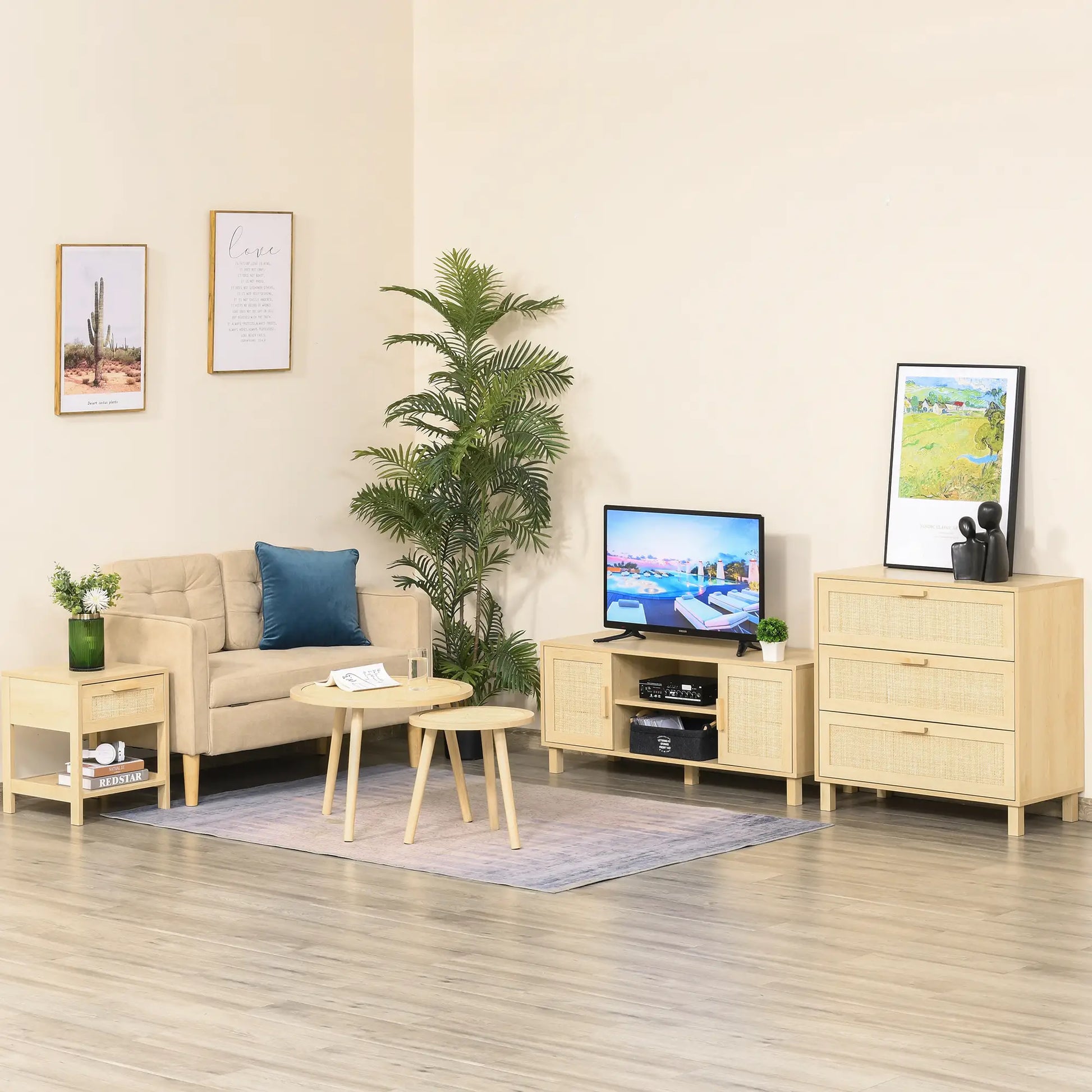 Narrow Nightstand with Rattan, Drawer, Storage Shelf, Natural Bedside Tables at Gallery Canada